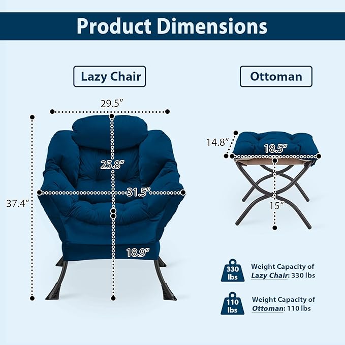 Lazy Chair with Folding Ottoman, Accent Chair Velvet Upholstered with Metal Structure and Non-Slip Pads, Sofa Armchair with Footrest and Side Storage Bag for Dorm, Room, Office, Blue