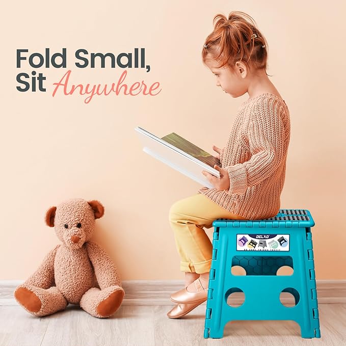 Delxo Folding Step Stool 13 Inch Non-Slip Foldable Stools Up to 300 LBS Kitchen Collapsible Fold Up Stepping Stool with Dotted 1 Pack Blue
