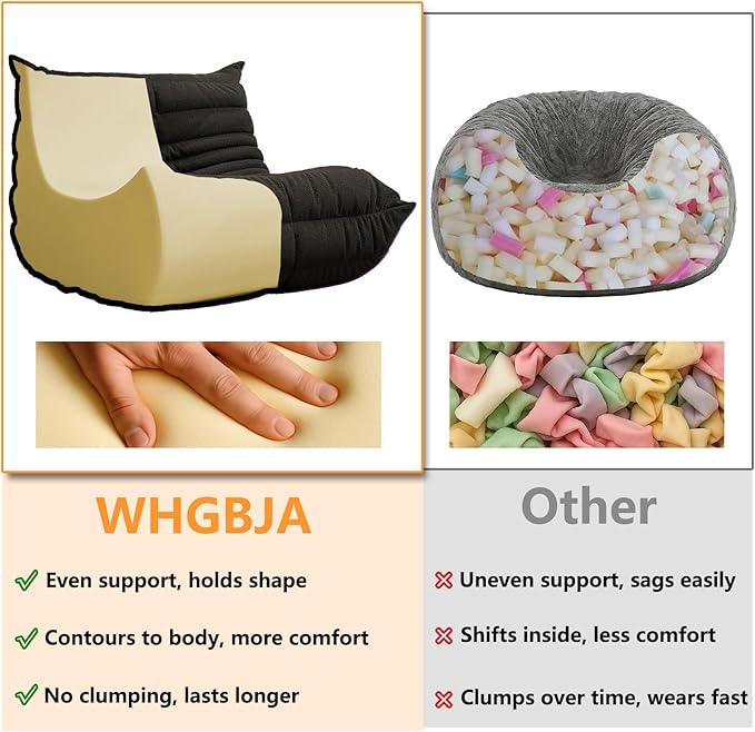 Bean Bag Chairs for Adults, BeanBag Reading Chair Memory Foam Couch 3-Seater, Floor Chair Soft Teddy Material, Comfy Reading Nook Chairs for Bedroom Living Room Office (Black)
