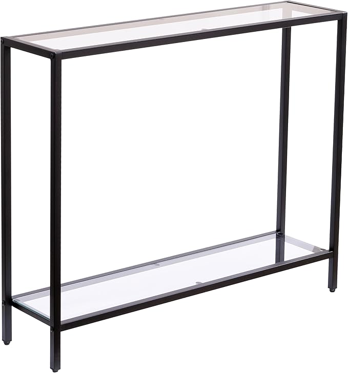 MAJARO Small Modern Console Table for Entryway, Tempered Glass with Metal Frame Sofa Table for Living Room, Hallway, Office (Double-Layer, Black)