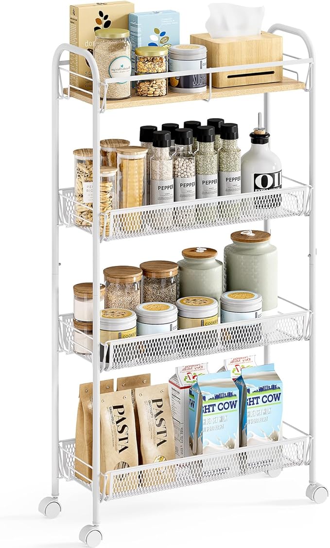KINGRACK Metal Slim Rolling Cart,4-Tier Metal Utility Cart,Storage Cart with Wooden Tabletop, for Narrow Space on Laundry Bathroom Kitchen Room Bedroom Apartments Dormitory (Pure White, Slim)