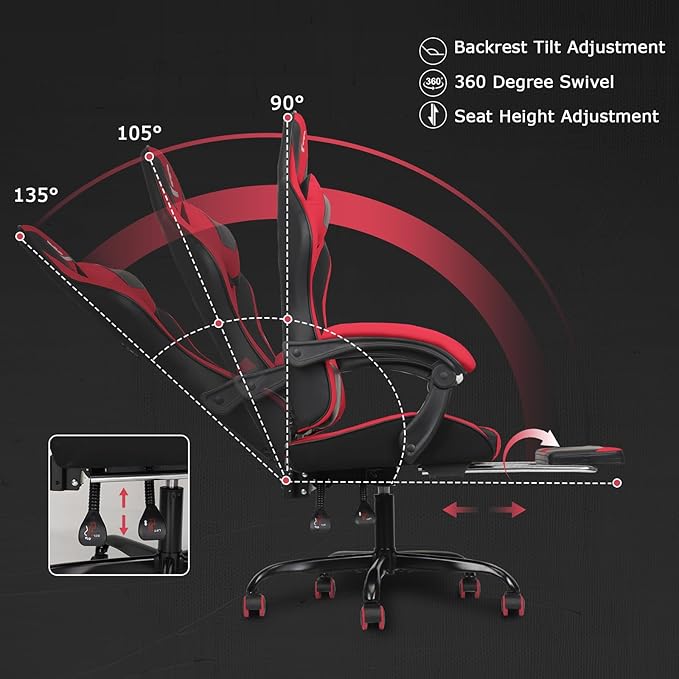 Gaming Chair with Linkage Armrest & Footrest, High Back Video Gaming Chair, Black/Red