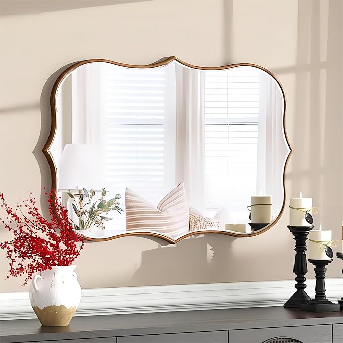 SHYFOY Antique Gold Mirrors for Wall Decor Decorative Wall Mirror Large 25" L x 36" W, Asymmetrical Wavy Accent Mirror with Scalloped Wood Frame, Bronze Farmhouse Traditional Mirror
