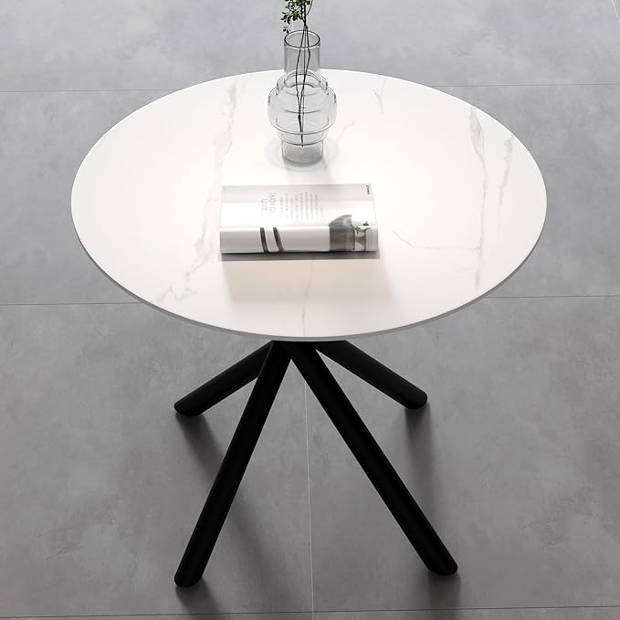 White Marble Round Dining Table with Black Metal Legs, 32 in Modern Sintered Stone Kitchen Table Circle Table for Dining Room Kitchen