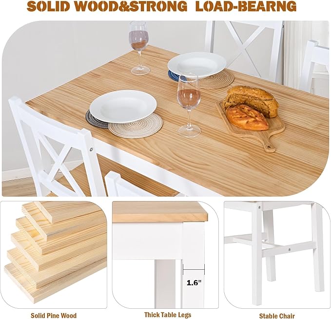 SogesPower Dining Table Set for 4, Wood Rectangular Kitchen Dining Table Set with 4 Chairs, 5-Piece Space-Saving Kitchen Table Set for Dining Room Small Space, White+Oak 43"
