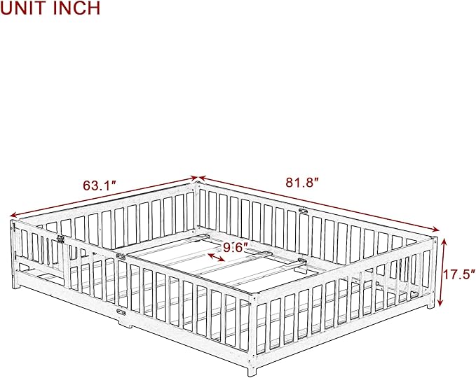 Queen Size Floor Bed Frame with Slats and Safety Guardrail, Wood Queen Size Montessori Floor Bed with Door and Fence, Easy Assemble Montessori Beds for Kids, Girls, Boys, Espresso