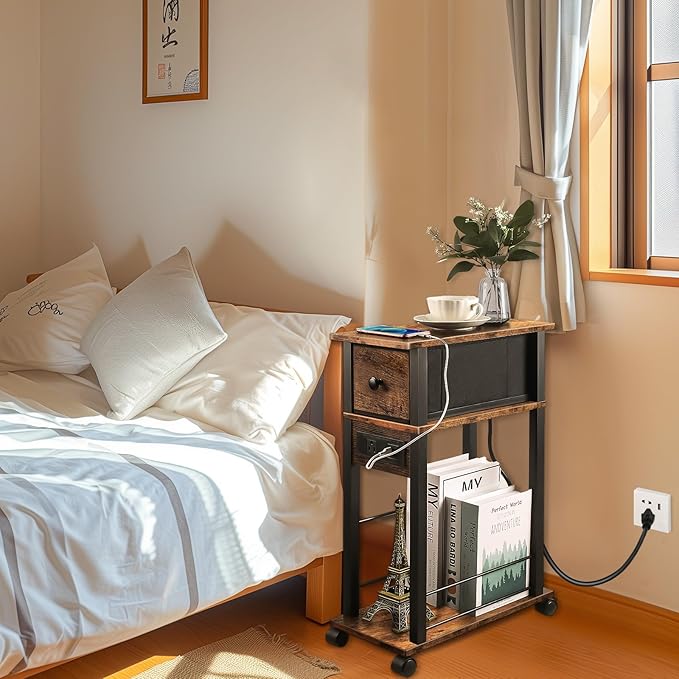 Side Table with Charging Station and Drawer, Narrow End Table with USB Ports and Outlets for Small Space, Living Room, Bedroom and Office, with 4 Wheels (1, Rustic Brown + Black)