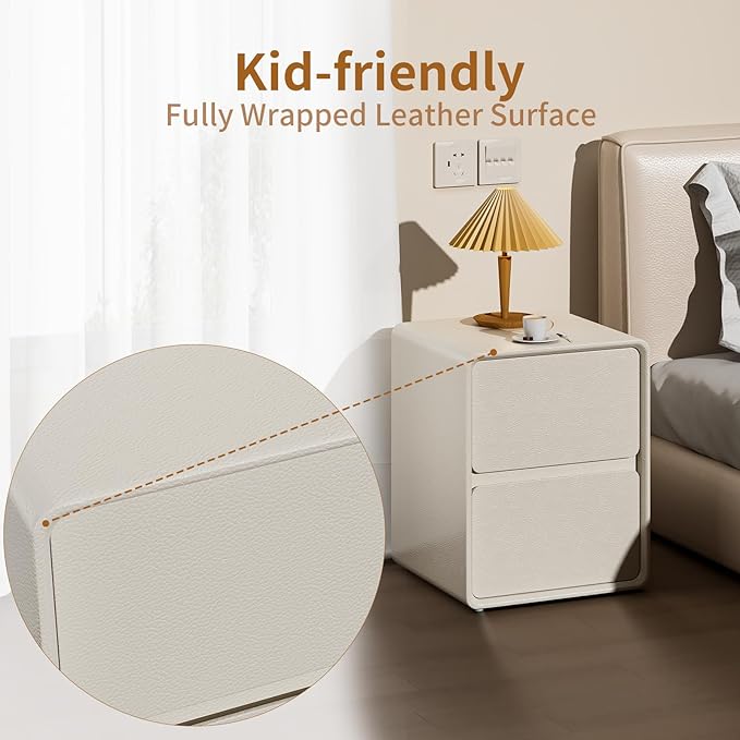VICITON Modern Narrow Faux Leather Nightstand, Solid Wood Drawer, Storage Accent Table, Small Side End Table for Bedroom (Cream White, Large(15.7inch))