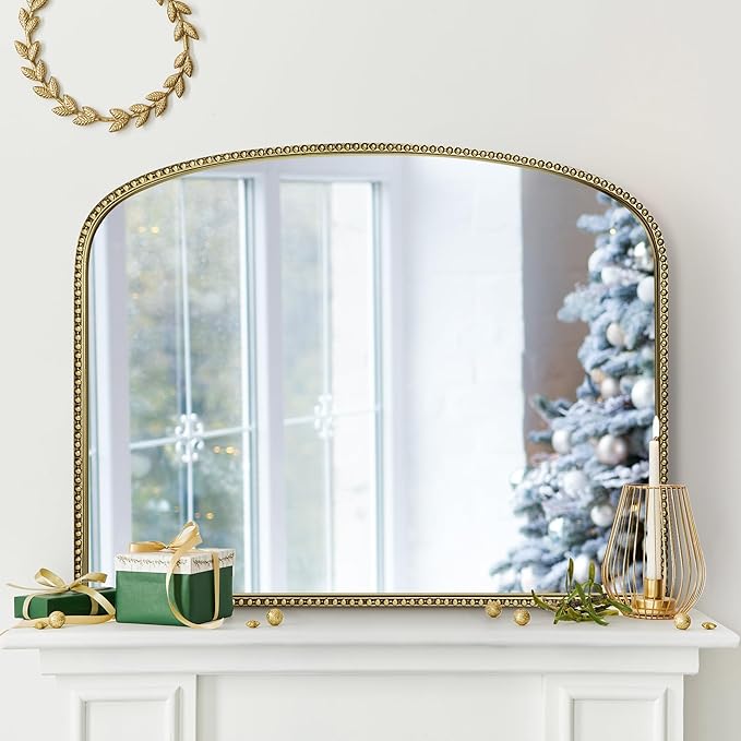 Antique Gold Arched Wall Mirror - 36"x28" with Metal Beaded Frame | Decorative Accent Mirror for Fireplace, Bedroom, Living Room, Dresser, Mantle