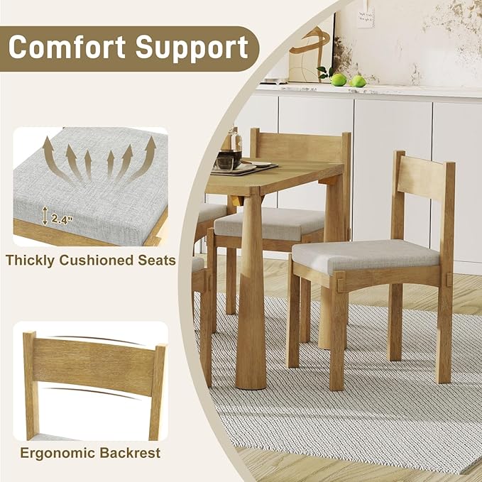 Dining Table with Chairs Set of 6, 7-Piece 60" Farmhouse Rectangular Dining Room Table with 6 Upholstered Solid Wood Chairs, Space Saving Kitchen Tables for Small Place, Natural Rubber Wood