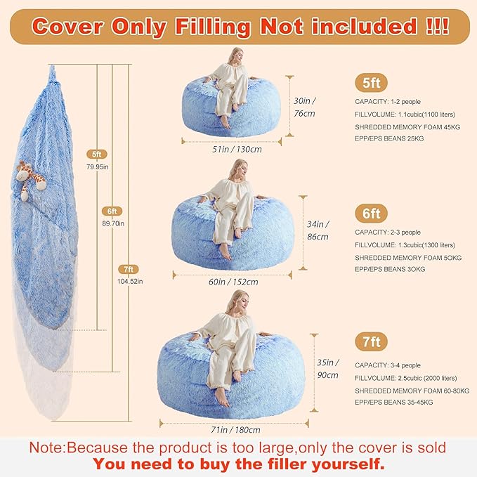 Bean Bag Covers Only, Fluffy Stuffed Beanbag Chair Covers No Filler, Washable Bean Bags Cover for Adults, Stuffed Animal Bean Bag Anti-Slip, 6FT, Blue