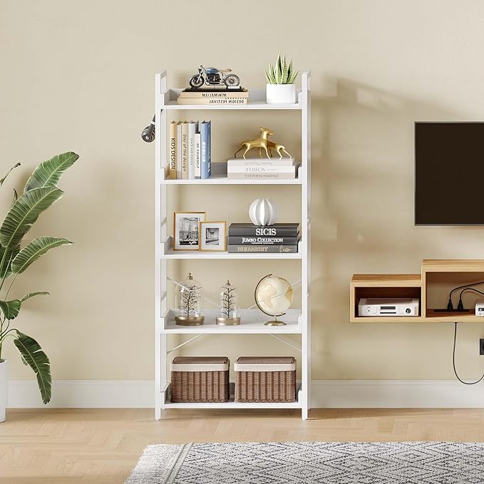 Rolanstar Bookshelf 5 Tier with 4 Hooks, Industrial Bookcase, Vintage Storage Rack with Open Shelves, Rustic Standing Bookshelves Metal Frame Display Rack for Living Room, Bedroom, White