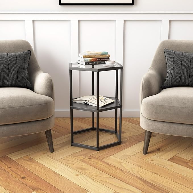 Side Table with 2-Tier Storage Shelf, Modern End Tables for Living Room Office Small Spaces, Glass Black End Table with Metal Frames, Nightstand for Bedroom, Bedside Furniture
