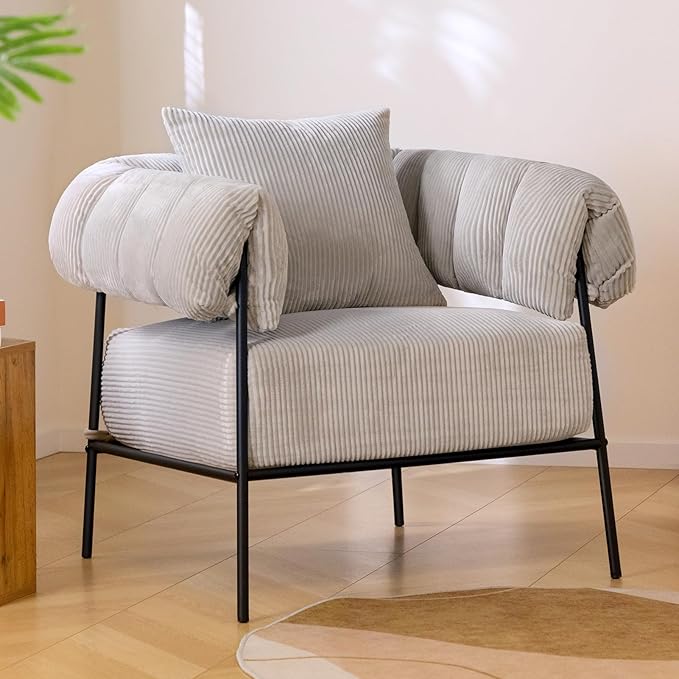 HollyHOME Modern Velvet Accent Chair, Upholstered Comfy Reading Chair, Fabric Large Lazy Arm Chair with Soft Cushion, Metal Frame Lounge Sofa Chair for Living Room, Bedroom, Balcony, Grey