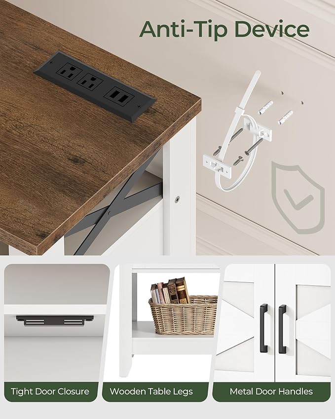 Console Table, Farmhouse Sofa Table with Power Outlet, Entryway Table with Cabinet and Open Shelves, Coffee Bar Cabinet with Storage for Entrance, Hallway, Kitchen, White and Walnut MXG01UWL
