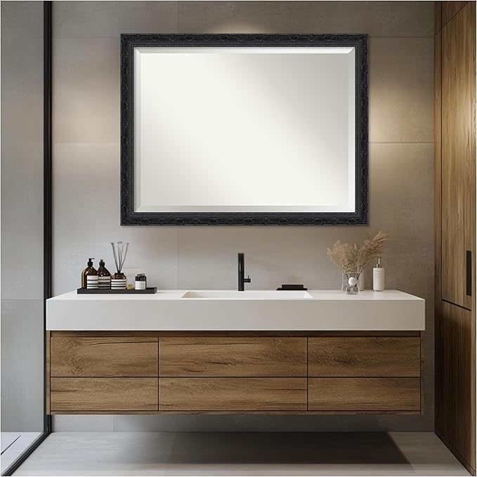 Amanti Art Bathroom Mirror for Over Sink, 35x45 Filigree Gloss Black Rectangle Vanity Mirror, X-Large Traditional Frame, Hangs Horizonally and Vertically, Bathroom Wall Decor, Beveled Edge