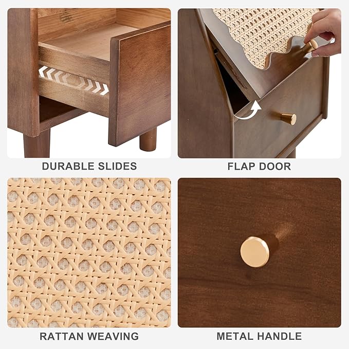Uniclinens Rattan Nightstand with Drawer, Solid Wood Farmhouse Nightstand, 21" Bedside Table for Bedroom Sofa Side, Wooden End Tables Living Room, Walnut