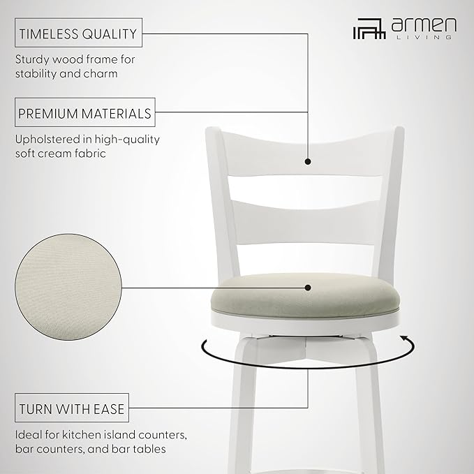 Armen Living Blair 30 in. Matte White Bar Height Rubberwood Swivel Barstool with Fog Fabric Seat
