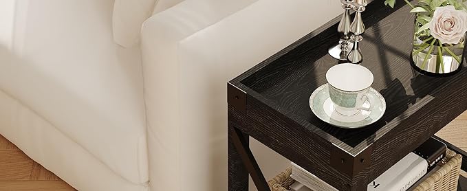 Narrow Side Table, Slim End Table with Charging Station for Small Spaces, with 2 USB and 2 Power Outlets, 21.7" L x 10" W x 21.7" H