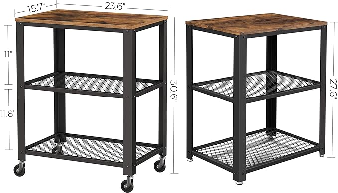 VASAGLE BRYCE Serving Cart, 3-Tier Kitchen Utility Cart on Wheels with Storage, for Living Room, Accent Furniture with Steel Frame, Industrial, Rustic Brown and Black ULRC78X