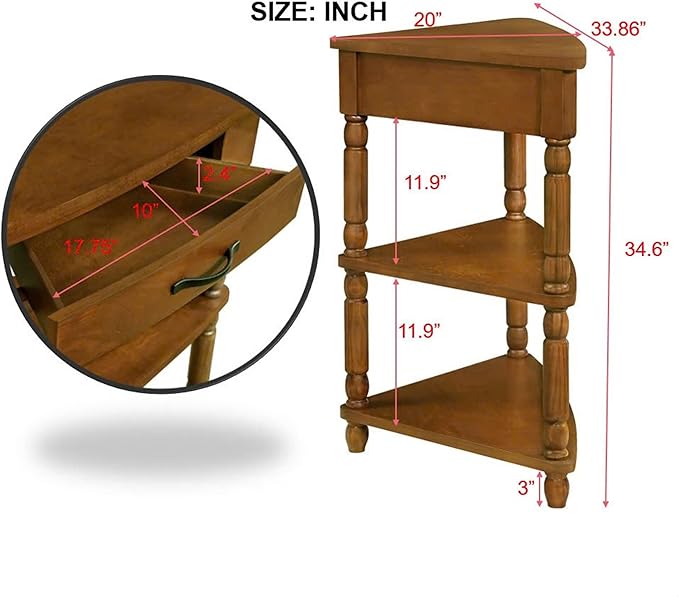GDFStudio Trmxmbi 3 Tier Corner Console Table with 1 Storage Drawers and Shelves, 33.8'' Rustic Wood Triangle Sofa End Table for Small Spaces, Solid Wood Legs, Brown