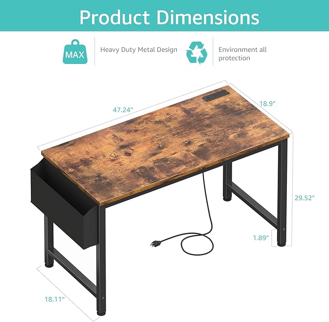 Lufeiya Computer Desk with Power Outlet, 47 inch Teen Study Table Home Office Work Writing Gaming Desks with Charging Station Outlets Built in, Brown