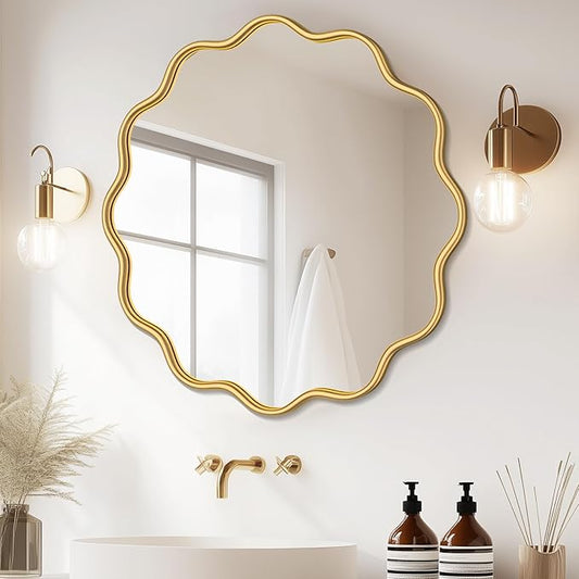 PROHOMEWARE Gold Round Mirror 32 Inch Wavy Bathroom Vanity Mirror Gold Frame Modern Wall Mirror Decorative Wall-Mounte Anti-Rust, Tempered Glass