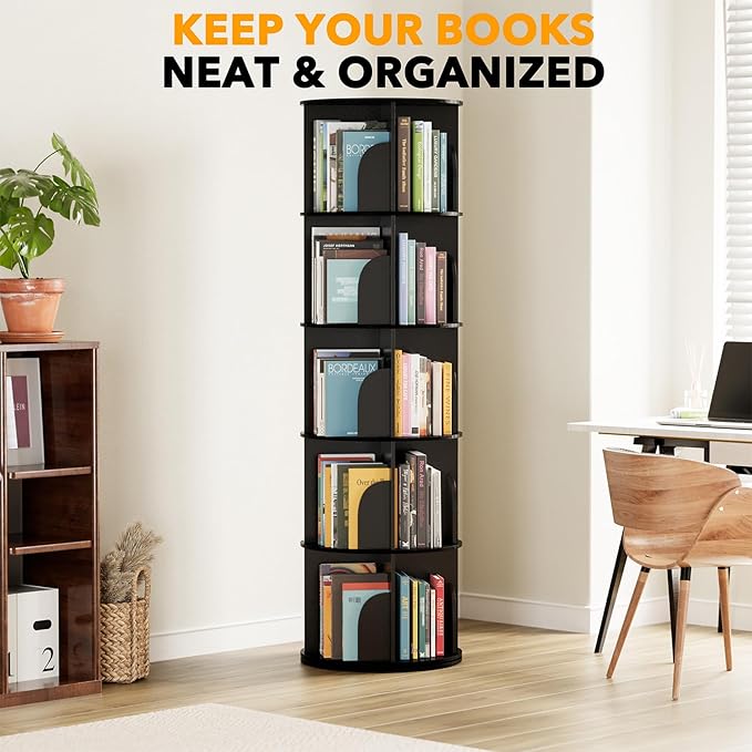 SpaceAid 5 Tier Rotating Bookshelf Tower, Spinning Bookcase Lazy Susan, Revolving 360 Book Shelf Storage Round Carousel, Vertical Rotate Turning Spiral Corner Organizer, Black