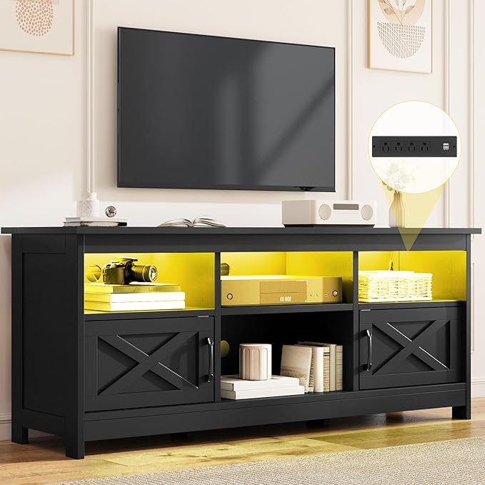 DWVO Black TV Stand for 65 Inch TV, Entertainment Centre, TV Cabinet with Power Outlet & LED Light Strip, Media Console Television Stands, Living Room Furniture 59 Inch