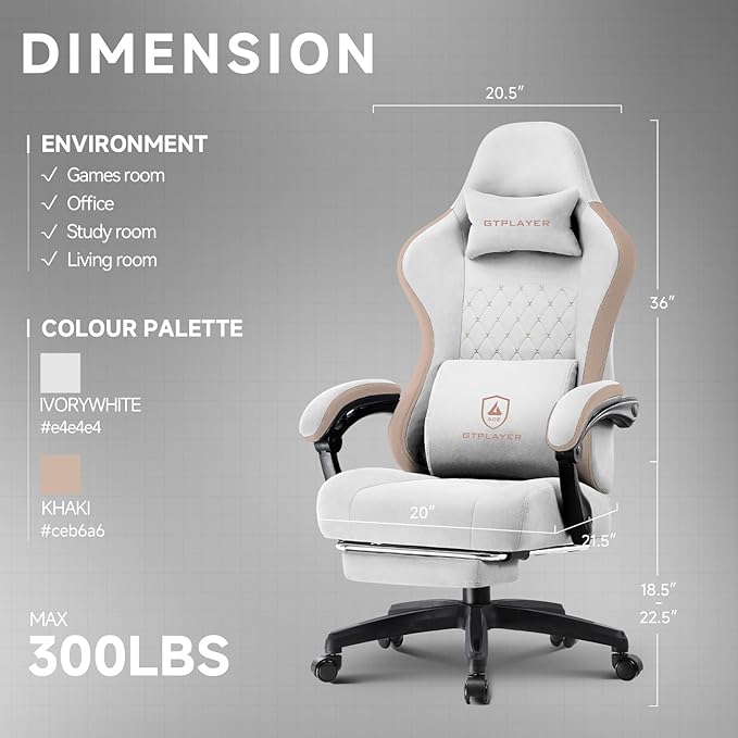 GTPLAYER Office Chair, Gaming Computer Desk Fabric Chair with Footrest, High Back Ergonomic Office Chair with Pocket Spring Lumbar Support and Linkage Armrests Adjustable Height Swivel for Home Task
