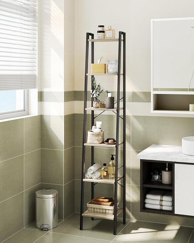 Ladder Shelf, Bookshelf Bookcase, Freestanding Corner Storage Shelve with 2 Hooks for Home Office, Living Room, Kitchen, Bedroom, Industrial, 6-Tier Greige BC13305B