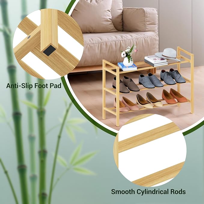 Haddockway Bamboo Shoe Rack for Closet, Free Standing Shoe Organizer with Smooth Round Rods & Convenient Handles, Stackable Shoe Storage Shelf for Entryway, Hallway(Natural, 3-Tier)