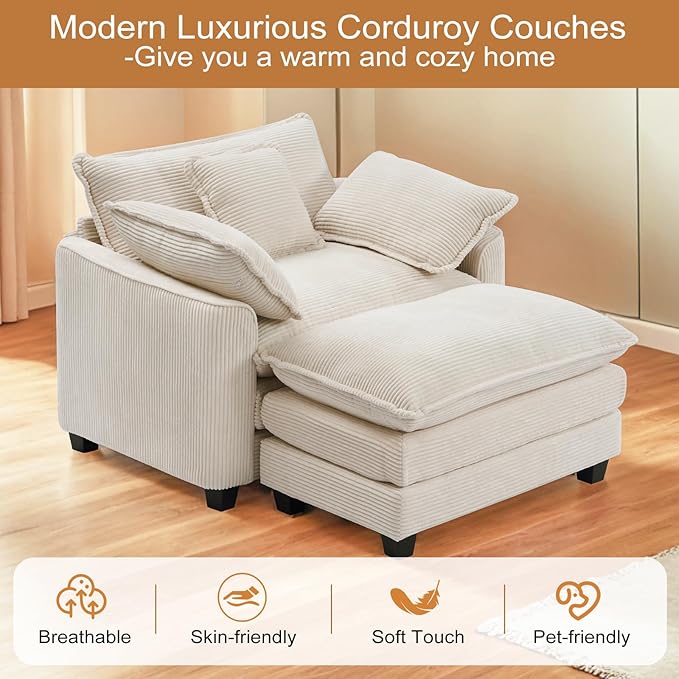 Furniliving Oversized Accent Chair with Ottoman, Luxury Corduroy Single Sofa, Upholstered Deep Seat Chaise Lounge with Pillows for Living Room, Bedroom, Apartment, Beige