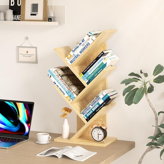 5 Tier Tree Book Shelf, Small Desktop Bookshelf with Storage Organizer, Wood Bookcase, Desk Display Bookshelves, Floor Standing Organizer Bookcases for Living Room,Bedroom,Office-Natural
