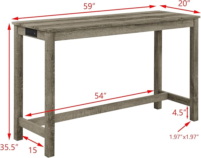KEIKI 4-Piece Bar Table Set with Charging Station - 59" Industrial Kitchen Table & 3 Upholstered Stools, USB/Type-C/AC Outlets, Solid Wood Frame - for Dining Room, Apartment, Living Room (Brown)