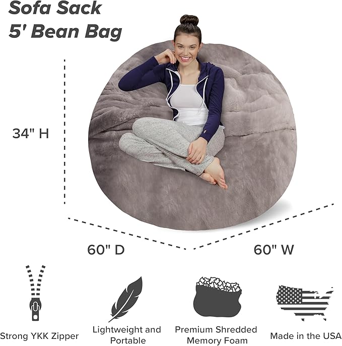Sofa Sack Bean Bag Chair - Plush, Ultra Soft - Memory Foam Bean Bag Chair with Faux Rabbit Fur Cover - Stuffed Foam Filled Furniture and Accessories for Dorm Room 5 Feet - Gray