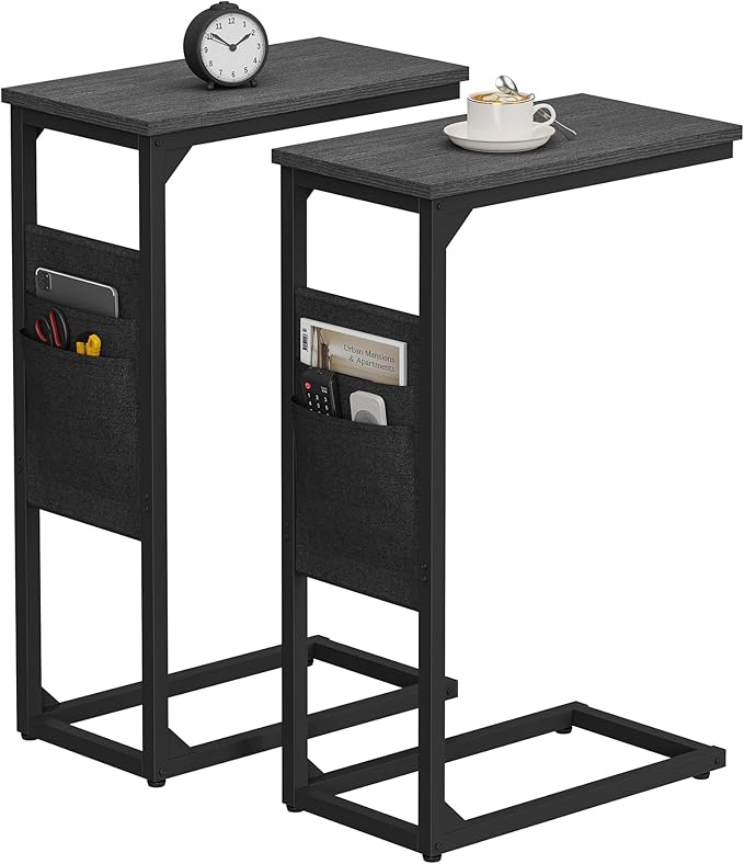 TUTOTAK C Shaped End Table, Side Table for Couch, Sofa Table with Storage Bag, TV Tray for Living Room, Bedroom, Black TB01BK0822