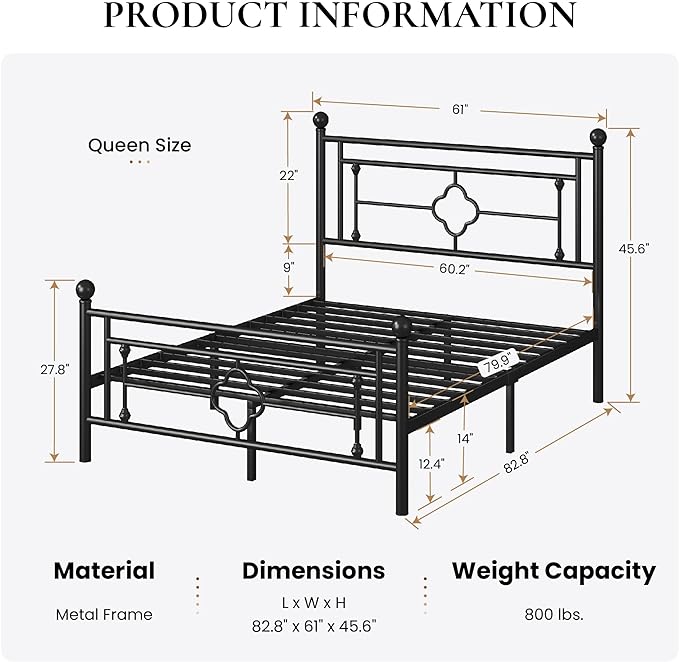 SHA CERLIN 14 Inches Queen Size Metal Platform Bed Frame/Vintage Iron-Art Headboard and Footboard/Mattress Foundation for Storage/No Box Spring Needed/Noise-Free/Easy Assembly/Black