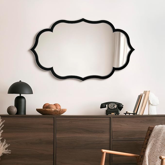 Empire Art Direct Curved Scalloped Wall Mirror on Black Matte Frame with Washed White Edges, Living Room, Bedroom & Office, 24" x 40" x 1"