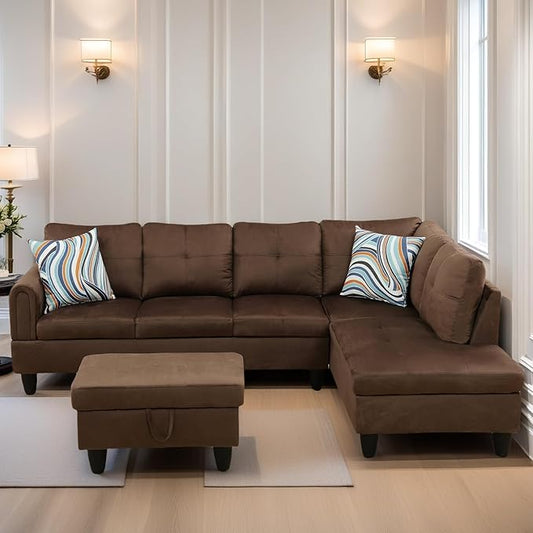 L Shaped Sectional Couches for Living Room, Modern Modular Sectional Sofa with Ottoman Storage, Comfy L Shaped Couch with Chaise for Bedroom Apartment Furniture, Brown
