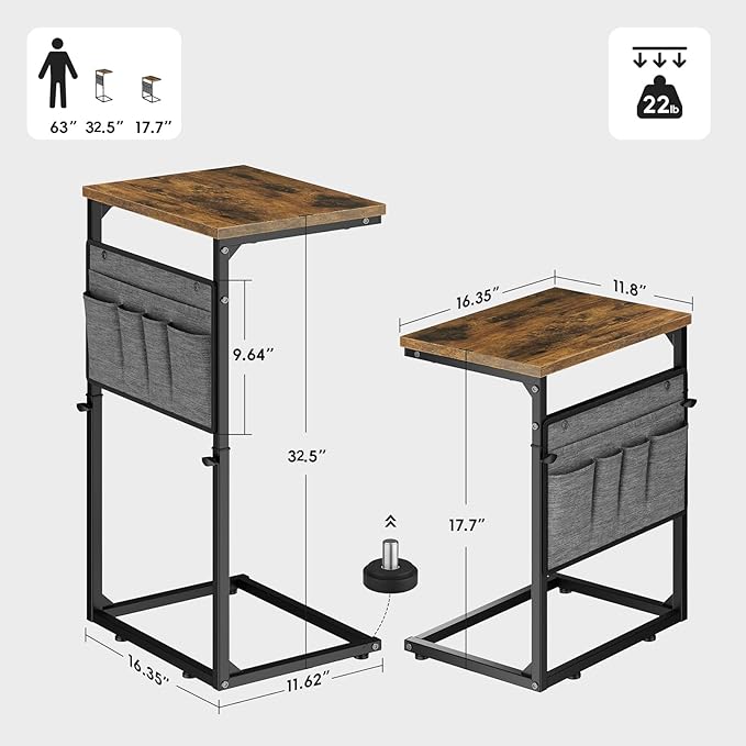 Vagusicc C Shaped End Table, Set of 2 Tall Side Table for Couch, Adjustable Height Small Couch Side Table for Small Spaces, End Table Slide Under Sofa Table TV Tray Arm Table for Living Room, Brown