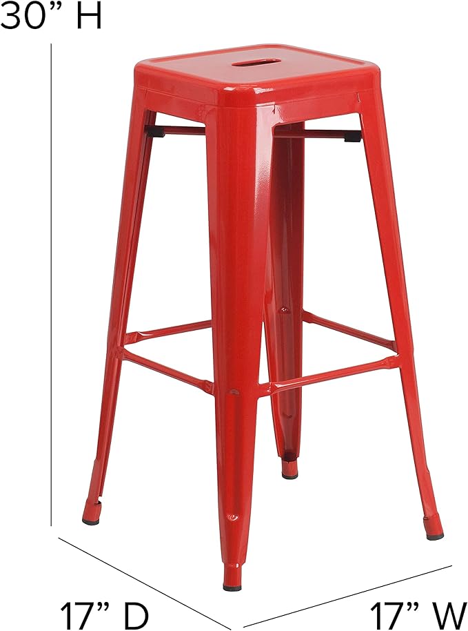 Flash Furniture Lily 4 Pack Commercial Grade 30" High Backless Red Metal Indoor-Outdoor Barstool with Square Seat