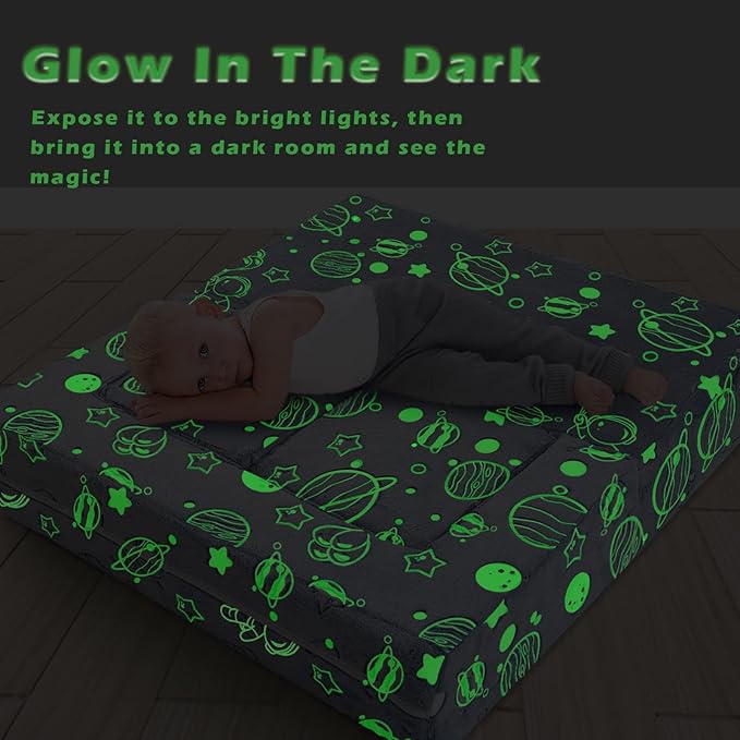 MeMoreCool Glow in The Dark Space Kids Modular Play Couch, Blue Fold-Out Foam Lounge Chair Sofa for Girls and Boys, Bedroom and Playroom