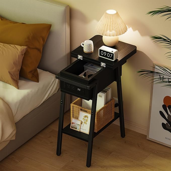 End Table with Charging Station, Flip Top Side Table with USB Ports and Outlets, Bedside Tables for Small Spaces,Nightstand with Storage Shelf for Living Room, Bedroom, Black