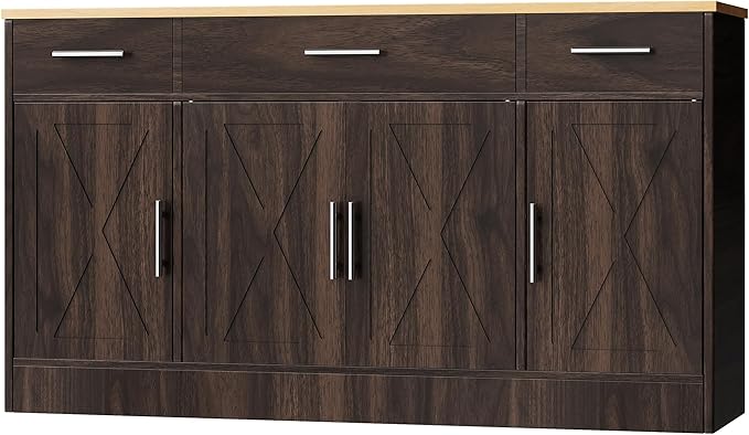Shintenchi Sideboard Buffet Cabinet with Storage,53.4" Large Kitchen Buffet Storage Cabinet with 3 Drawers and 4 Doors,Wood Farmhouse Sideboard with Adjustable Shelf for Kitchen, Living Room,Brown