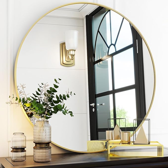 Gold Round Bathroom Mirror, 30 inch Circle Wall Mounted Hanging Mirror with Simple Modern Circular Metal Frame for Hallway, Entryway, Living Room, Gold Frame