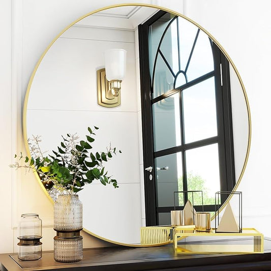 Gold Round Bathroom Mirror, 30 inch Circle Wall Mounted Hanging Mirror with Simple Modern Circular Metal Frame for Hallway, Entryway, Living Room, Gold Frame