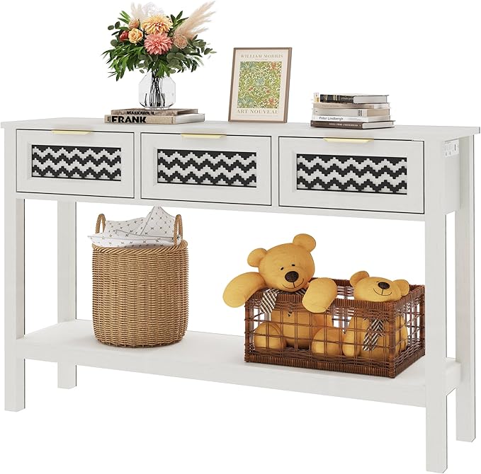 Entryway Table, Boho Console Table with 3 Storage Drawers and Storage Shelf, Sofa Table with Socket, for Entryway, Living Room, Behind Couch and Hallway (White)