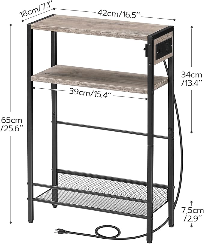 HOOBRO Small Narrow Side Table with Charging Station, Skinny End Table for Small Spaces, Slim Nightstand with USB Ports Outlet, Sofa Beside Table with Storage Shelf, Greige and Black BG102UBZ01
