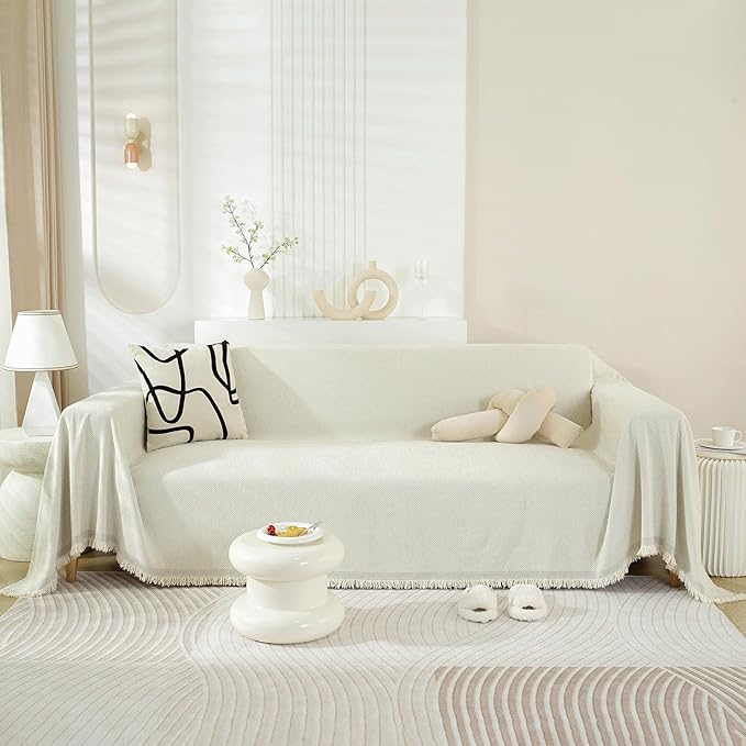 STACYPIK Modern Beige Couch Covers for Dogs Cats Thick Chenille Ivory White Sofa Cover Sofa Slipcover Furniture Protector for 3 Cushion Couch with Tassel Non-Silp Futon Cover Sofa Protector-71X150IN